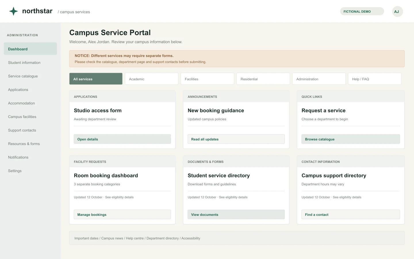 Early fictional Northstar homepage with dense menus and limited hierarchy